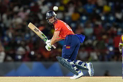 Jos Buttler plays a shot against West Indies